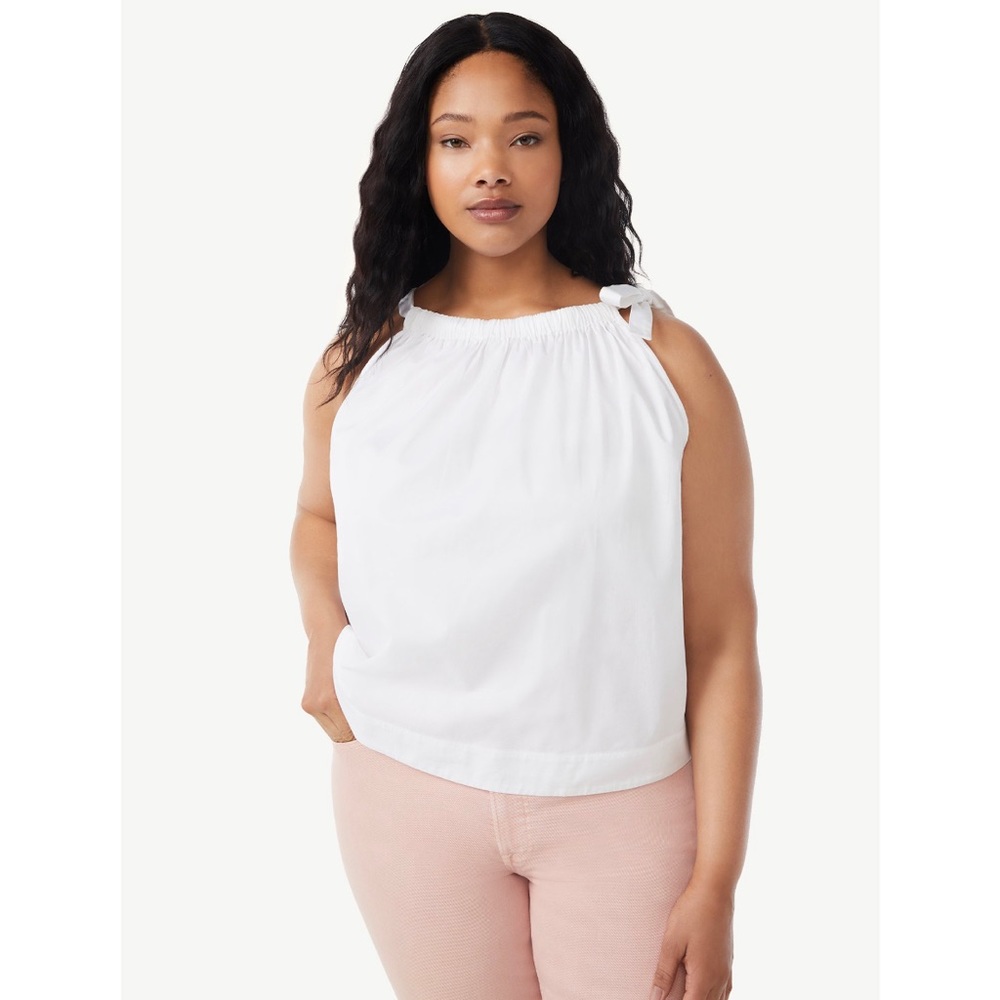 FREE ASSEMBLY Preppy White Cotton Sleeveless Tie Halter Bow Neck Tank Top - Picture 7 of 11